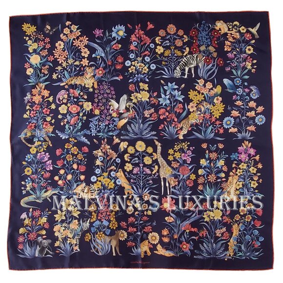 SALVATORE FERRAGAMO SCARF SIGNATURE FLOWER JUNGLE ANIMALS PRINT SILK 35" - Picture 7 of 13